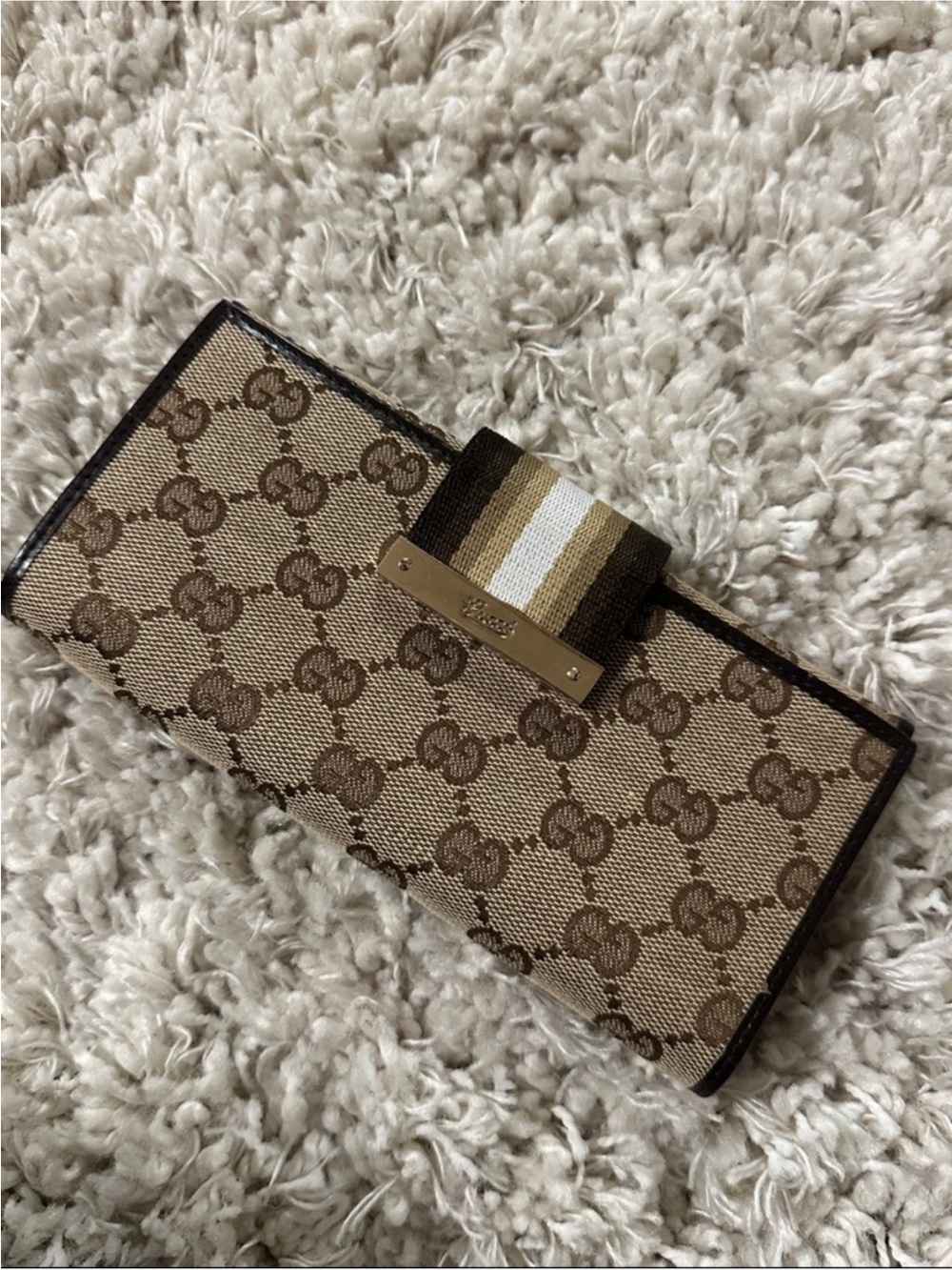 Beige and Brown Monogram Continental Wallet with Striped Snap